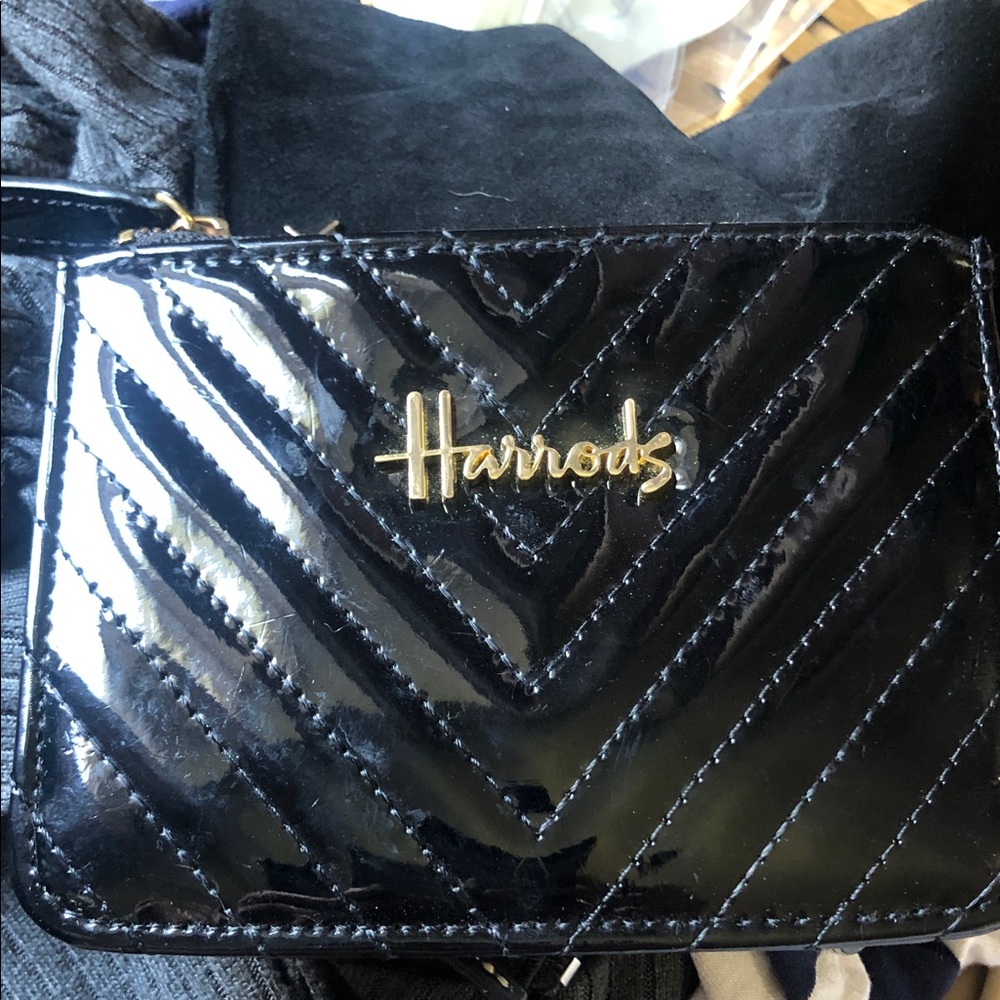 Harrods Black Patent Chevron Quilted Wristlet with Gold Logo